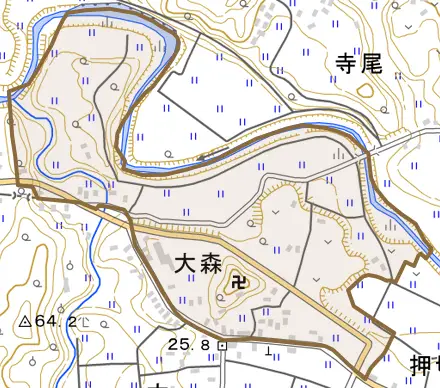 大森とその周辺の地図。町の範囲を重ねている