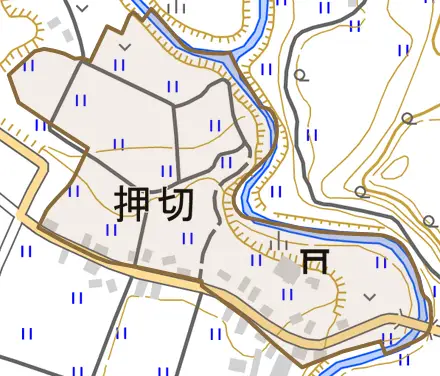 押切とその周辺の地図。町の範囲を重ねている