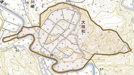 大田和とその周辺の地図。町の範囲を重ねている
