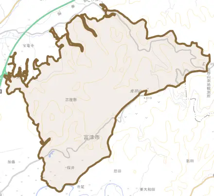 桜井とその周辺の地図。町の範囲を重ねている