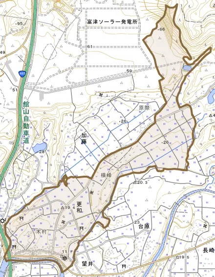 更和とその周辺の地図。町の範囲を重ねている