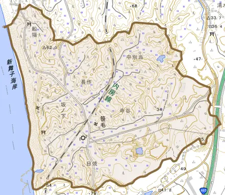 笹毛とその周辺の地図。町の範囲を重ねている