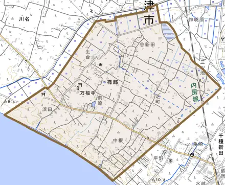 篠部とその周辺の地図。町の範囲を重ねている