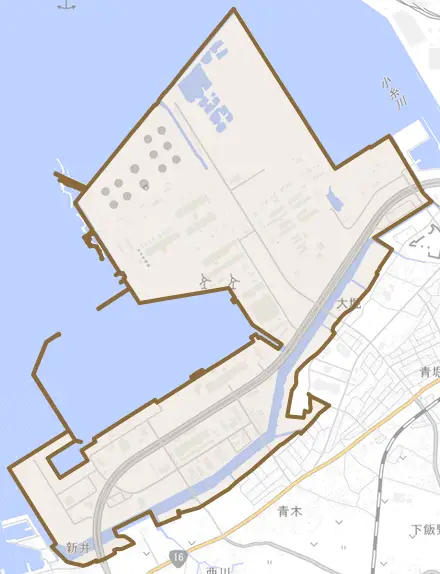 新富とその周辺の地図。町の範囲を重ねている