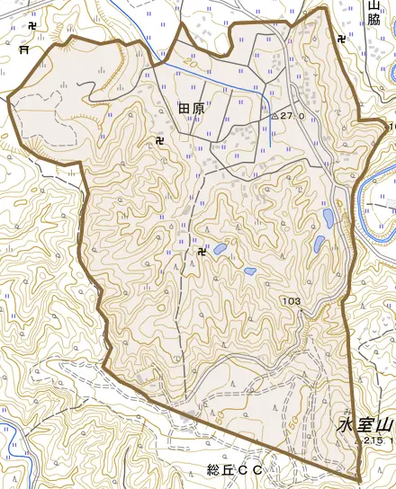 田原とその周辺の地図。町の範囲を重ねている