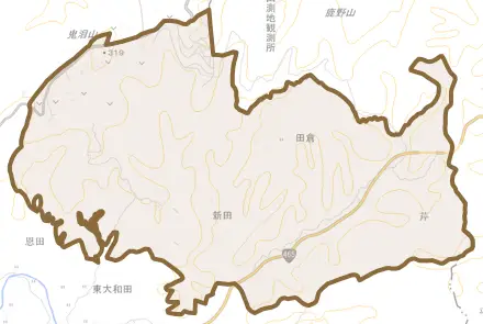 田倉とその周辺の地図。町の範囲を重ねている