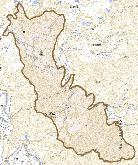 高溝とその周辺の地図。町の範囲を重ねている