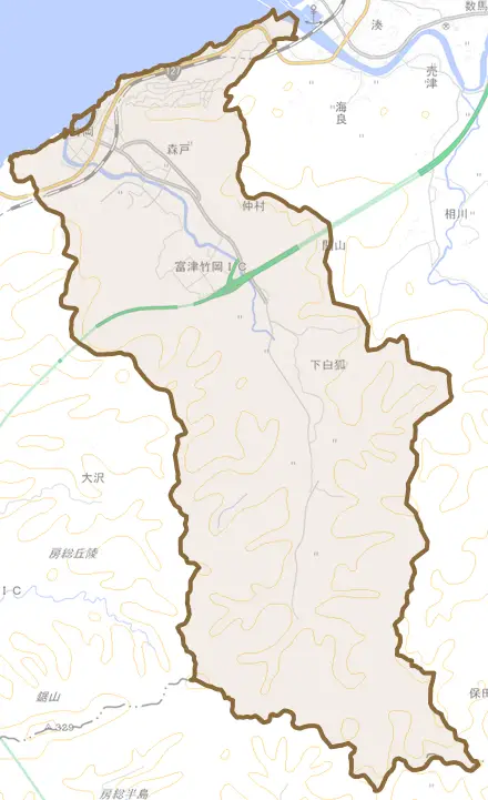 竹岡とその周辺の地図。町の範囲を重ねている