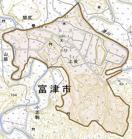 上後とその周辺の地図。町の範囲を重ねている