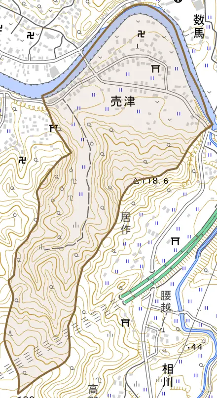 売津とその周辺の地図。町の範囲を重ねている