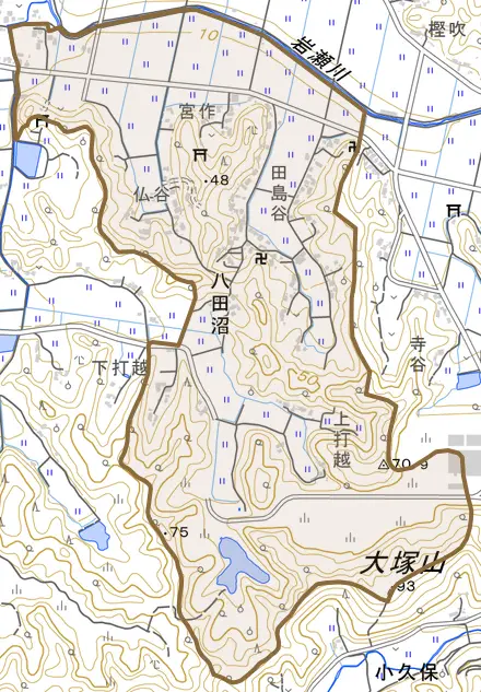 八田沼とその周辺の地図。町の範囲を重ねている