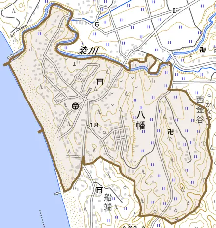 八幡とその周辺の地図。町の範囲を重ねている