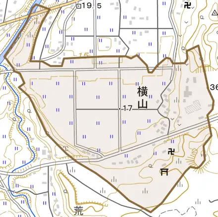 横山とその周辺の地図。町の範囲を重ねている