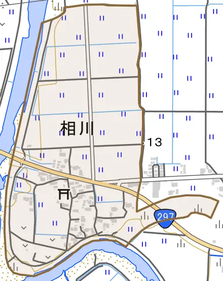 相川とその周辺の地図。町の範囲を重ねている