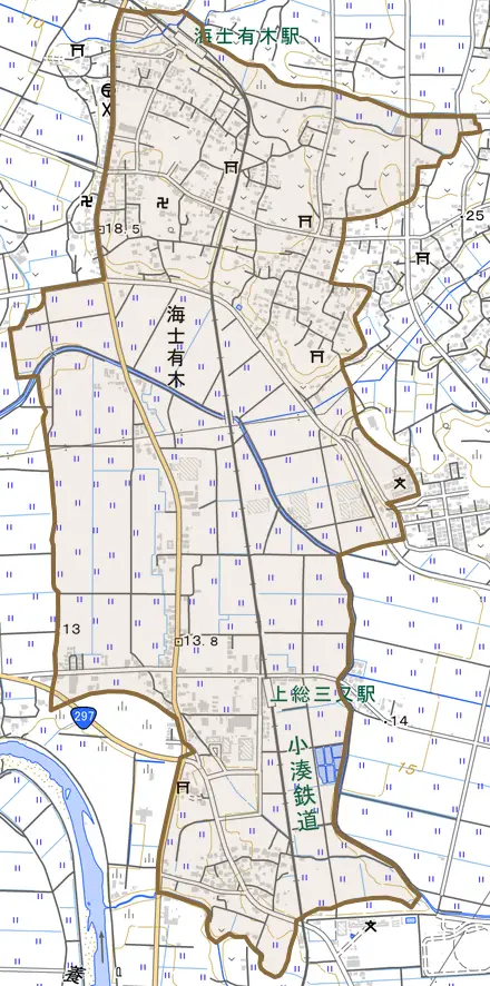 海士有木とその周辺の地図。町の範囲を重ねている