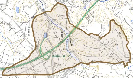 天羽田とその周辺の地図。町の範囲を重ねている