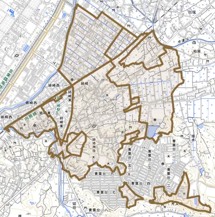 姉崎とその周辺の地図。町の範囲を重ねている