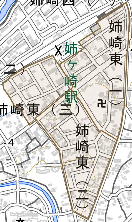 姉崎東とその周辺の地図。町の範囲を重ねている