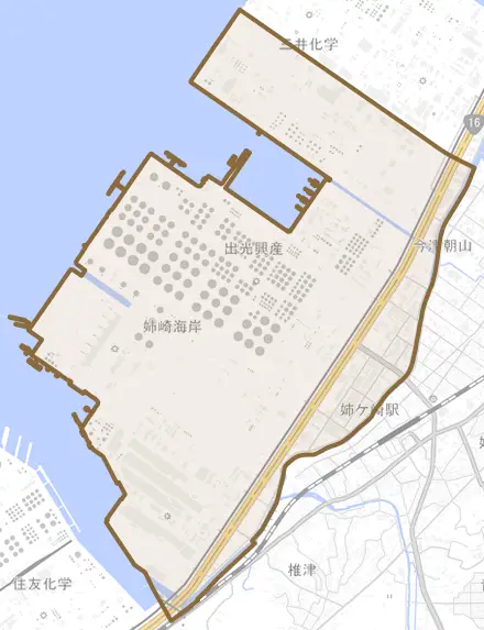 姉崎海岸とその周辺の地図。町の範囲を重ねている