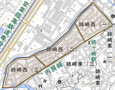 姉崎西とその周辺の地図。町の範囲を重ねている