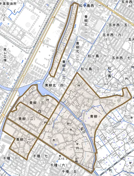 青柳とその周辺の地図。町の範囲を重ねている