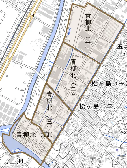 青柳北とその周辺の地図。町の範囲を重ねている