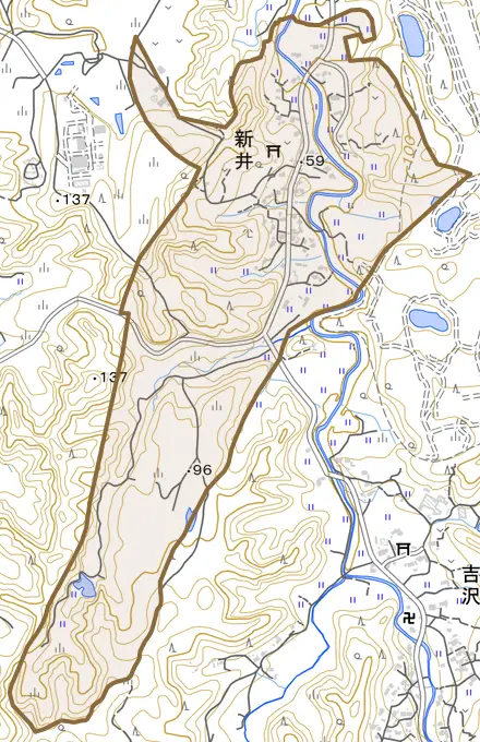 新井とその周辺の地図。町の範囲を重ねている