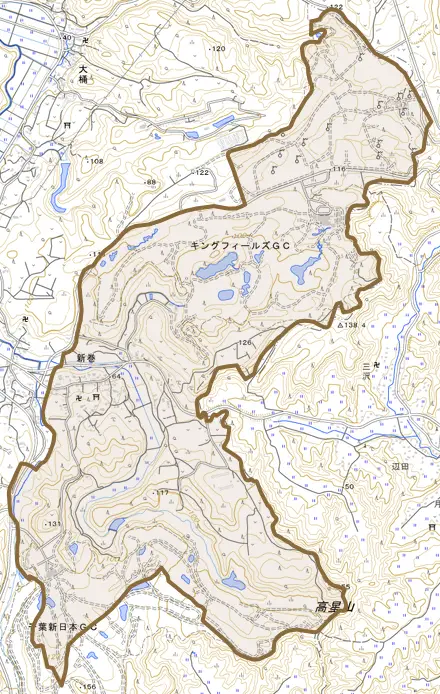 新巻とその周辺の地図。町の範囲を重ねている