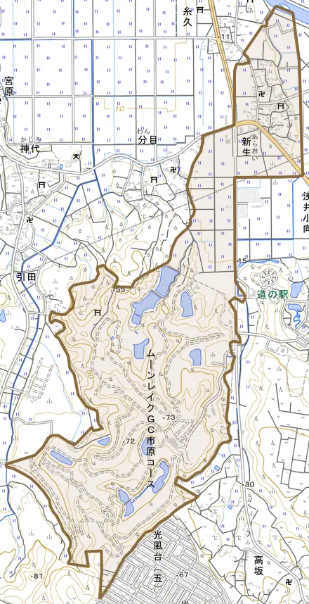 新生とその周辺の地図。町の範囲を重ねている