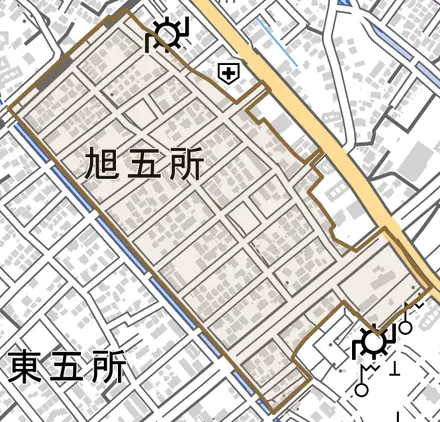 旭五所とその周辺の地図。町の範囲を重ねている