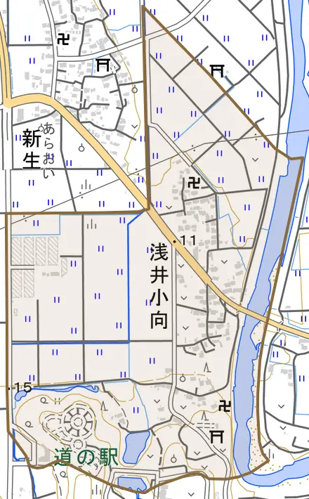 浅井小向とその周辺の地図。町の範囲を重ねている