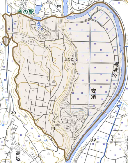 安須とその周辺の地図。町の範囲を重ねている