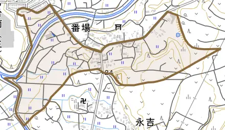 番場とその周辺の地図。町の範囲を重ねている