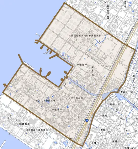 千種海岸とその周辺の地図。町の範囲を重ねている