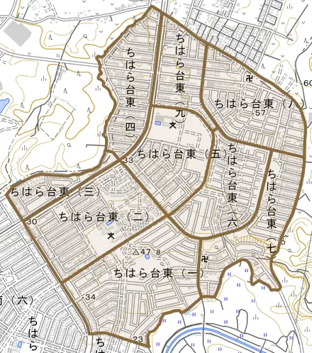ちはら台東とその周辺の地図。町の範囲を重ねている