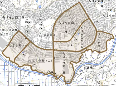 ちはら台南とその周辺の地図。町の範囲を重ねている