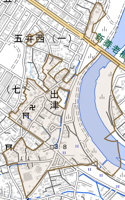 出津とその周辺の地図。町の範囲を重ねている