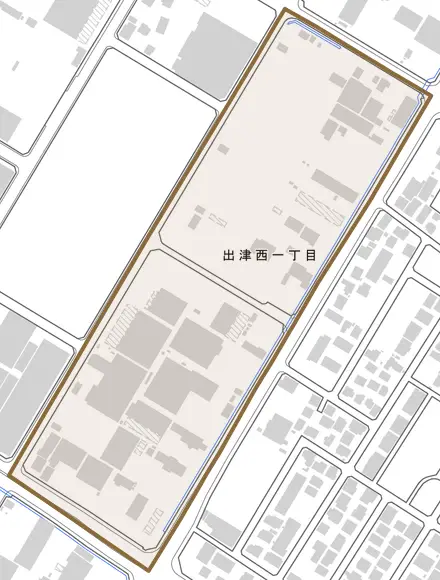 出津西とその周辺の地図。町の範囲を重ねている