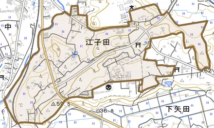 江子田とその周辺の地図。町の範囲を重ねている