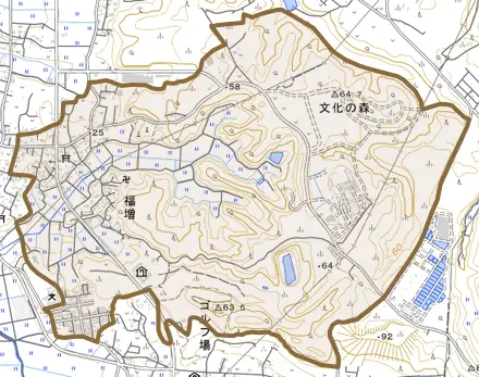 福増とその周辺の地図。町の範囲を重ねている