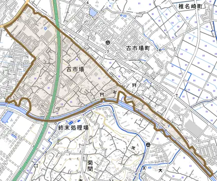 古市場とその周辺の地図。町の範囲を重ねている