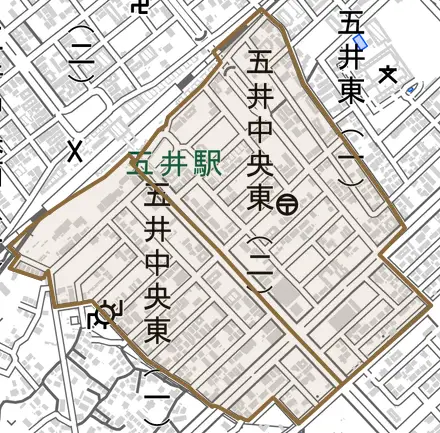 五井中央東とその周辺の地図。町の範囲を重ねている