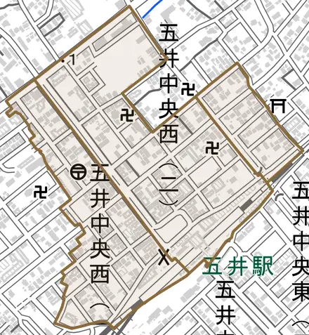 五井中央西とその周辺の地図。町の範囲を重ねている