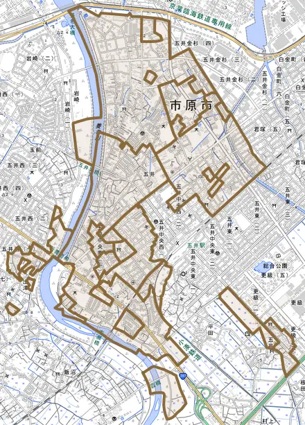 五井とその周辺の地図。町の範囲を重ねている