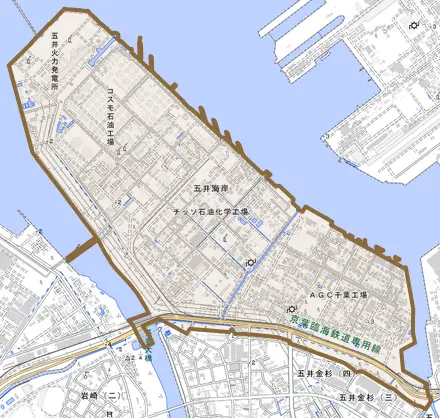 五井海岸とその周辺の地図。町の範囲を重ねている