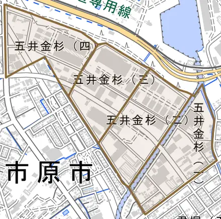 五井金杉とその周辺の地図。町の範囲を重ねている