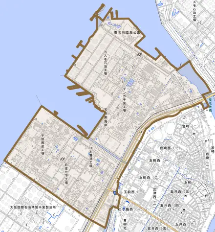 五井南海岸とその周辺の地図。町の範囲を重ねている