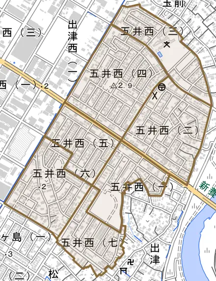五井西とその周辺の地図。町の範囲を重ねている