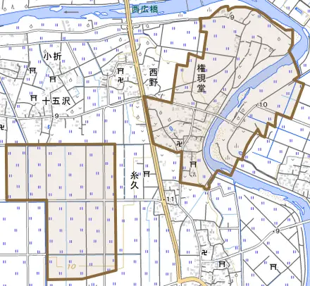 権現堂とその周辺の地図。町の範囲を重ねている