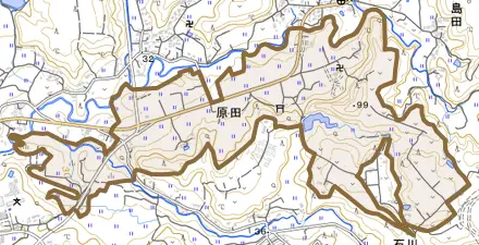 原田とその周辺の地図。町の範囲を重ねている